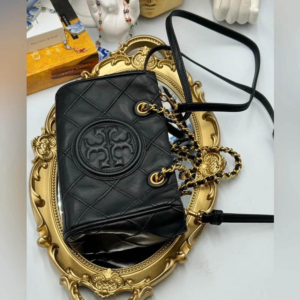 🆕 TORY BURCH 🧿 NWT Mini Fleming Soft Chain Tote - Black Leather -AUTHENTICATED
